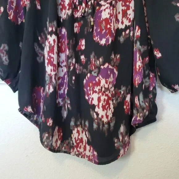 Daniel Rainn Top Long Sleeves Neckline‎ Tie Accent Chiffon Black Abstract Sz L - Picture 8 of 13